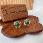 Jade Flower Stud Earrings – Green Nephrite Jade in 925 Sterling Silver (JSY-0424-12158)