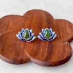 Jade Azure Lotus Stud Earrings – Green Nephrite Jade in 925 Sterling Silver with Enamel Detail (JSY-0424-12291)