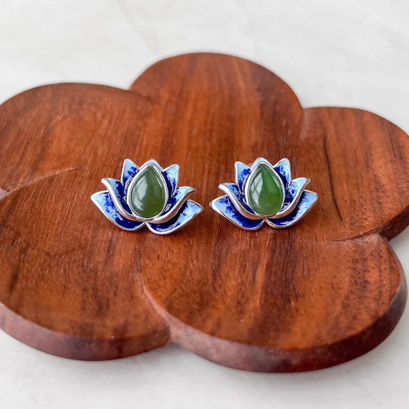 il_fullxfull.6633262876_bzob Jade Azure Lotus Stud Earrings – Green Nephrite Jade in 925 Sterling Silver with Enamel Detail (JSY-0424-12291) - Image 1